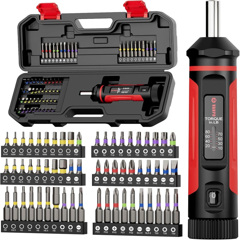 VANPO Torque Screwdriver, 10-80In-lb Torque Screw Driver Wrench Driver Set, 1/4” Drive Inch Pounds Torque Wrench Screwdriver with 60 S2 Bits for Maintenance, Tools, DIY, Bike Repairing and Mounting - Image 1